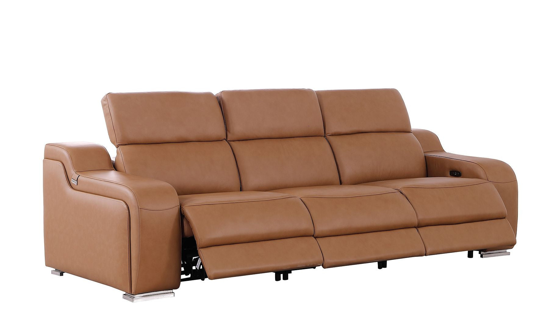 Brown leather sofa with reclining feature on a white background