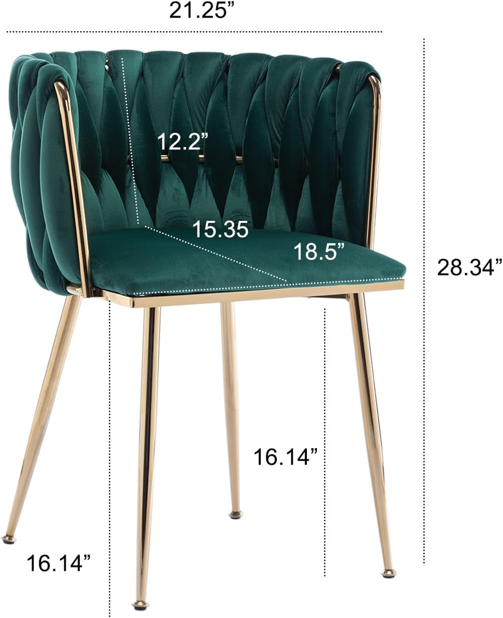 Green velvet chair with gold legs and dimensions labeled on a white background