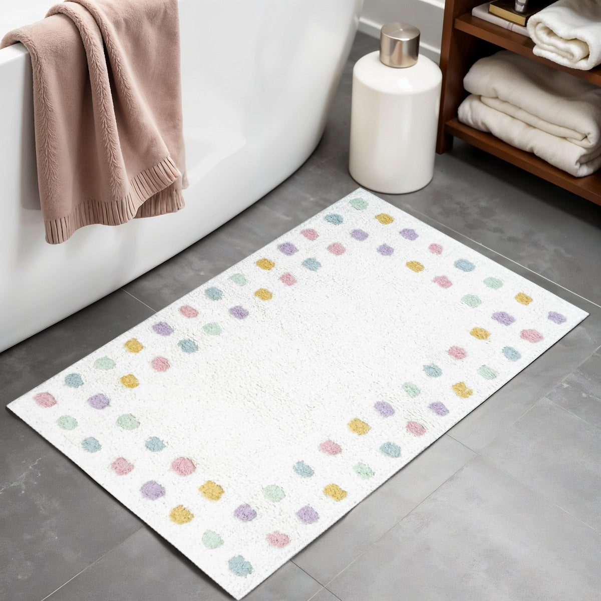 32" White Purple And Pink Cotton Polka Dots Bath Rug-1