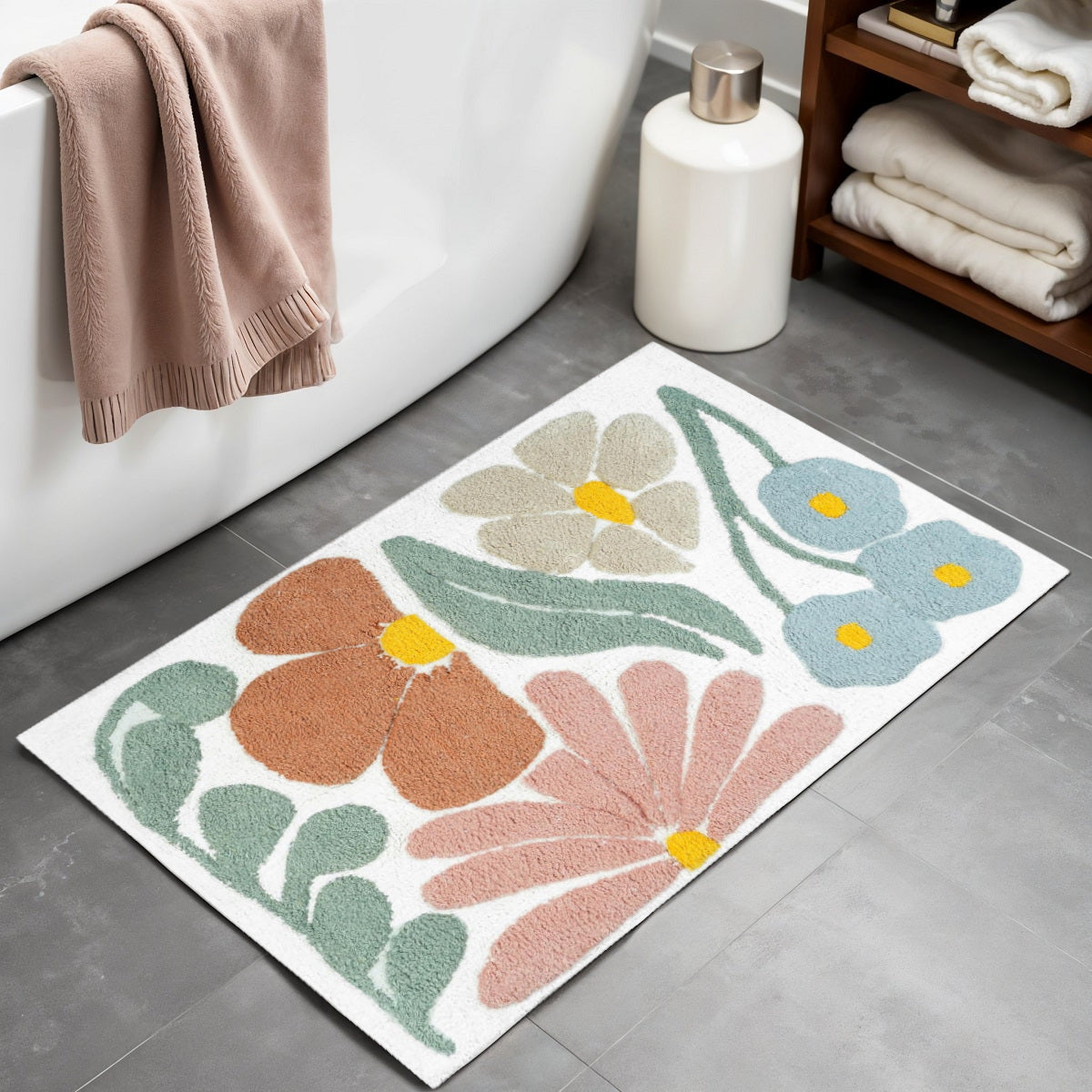 32" Light Blue Red And White Cotton Floral Bath Rug-0