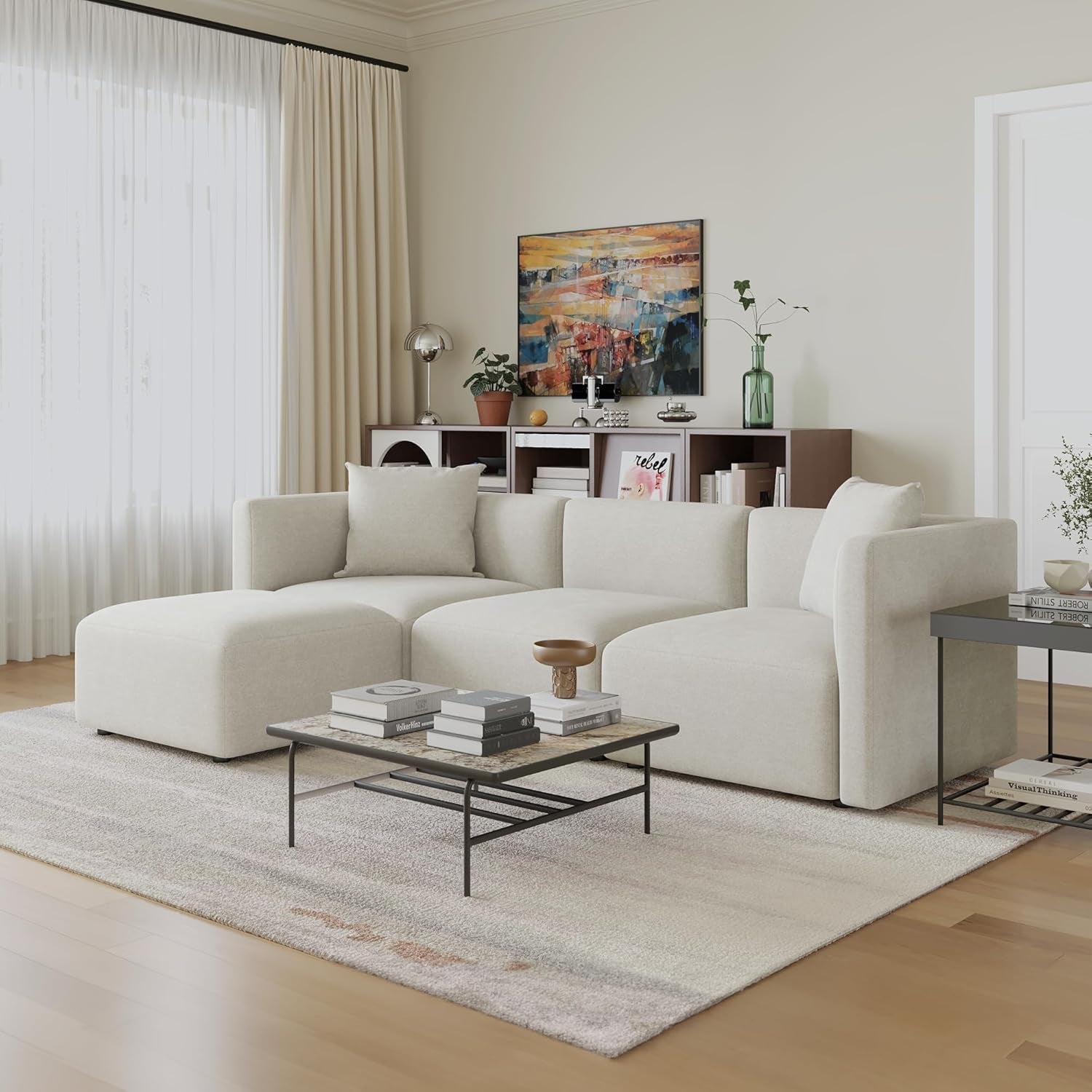 L Shaped Convertible Modular Sectional Sofa Cream Chaise-2