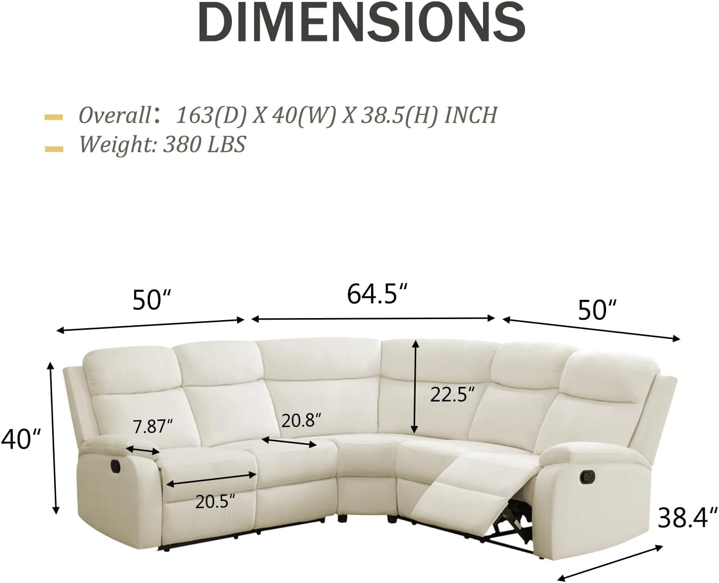 Measurement chart of a sectional sofa with dimensions labeled