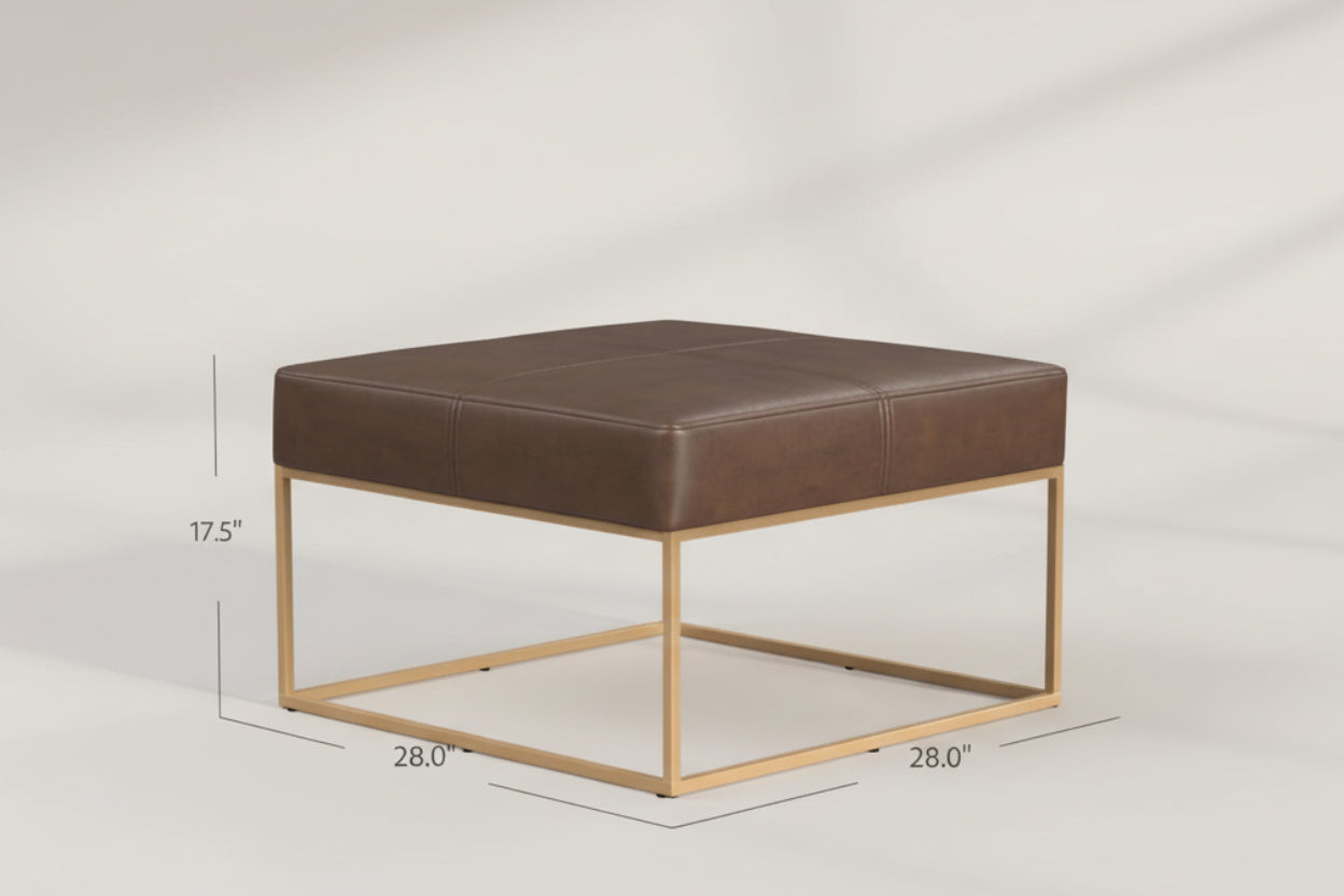 Brown leather ottoman with gold metal frame and dimensions on a white background