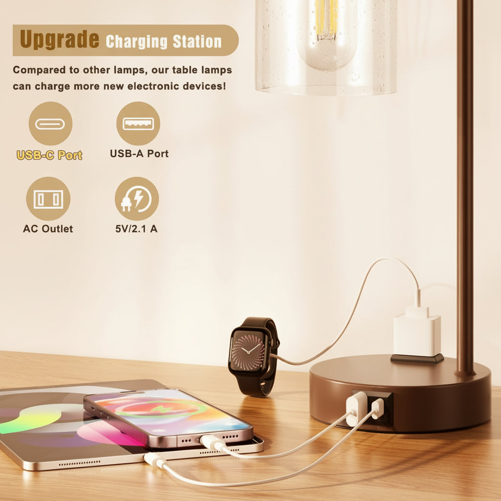 Table lamp with multiple charging ports on a wooden surface, with electronic devices being charged.