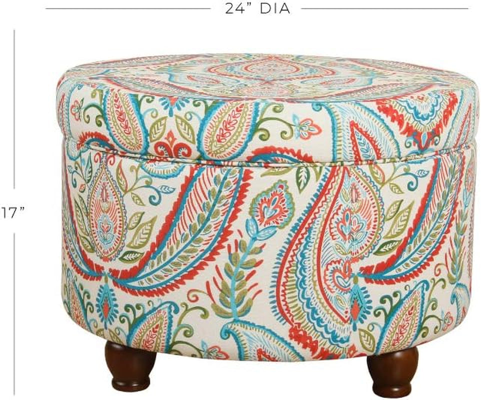 Round ottoman with paisley pattern and dimensions displayed