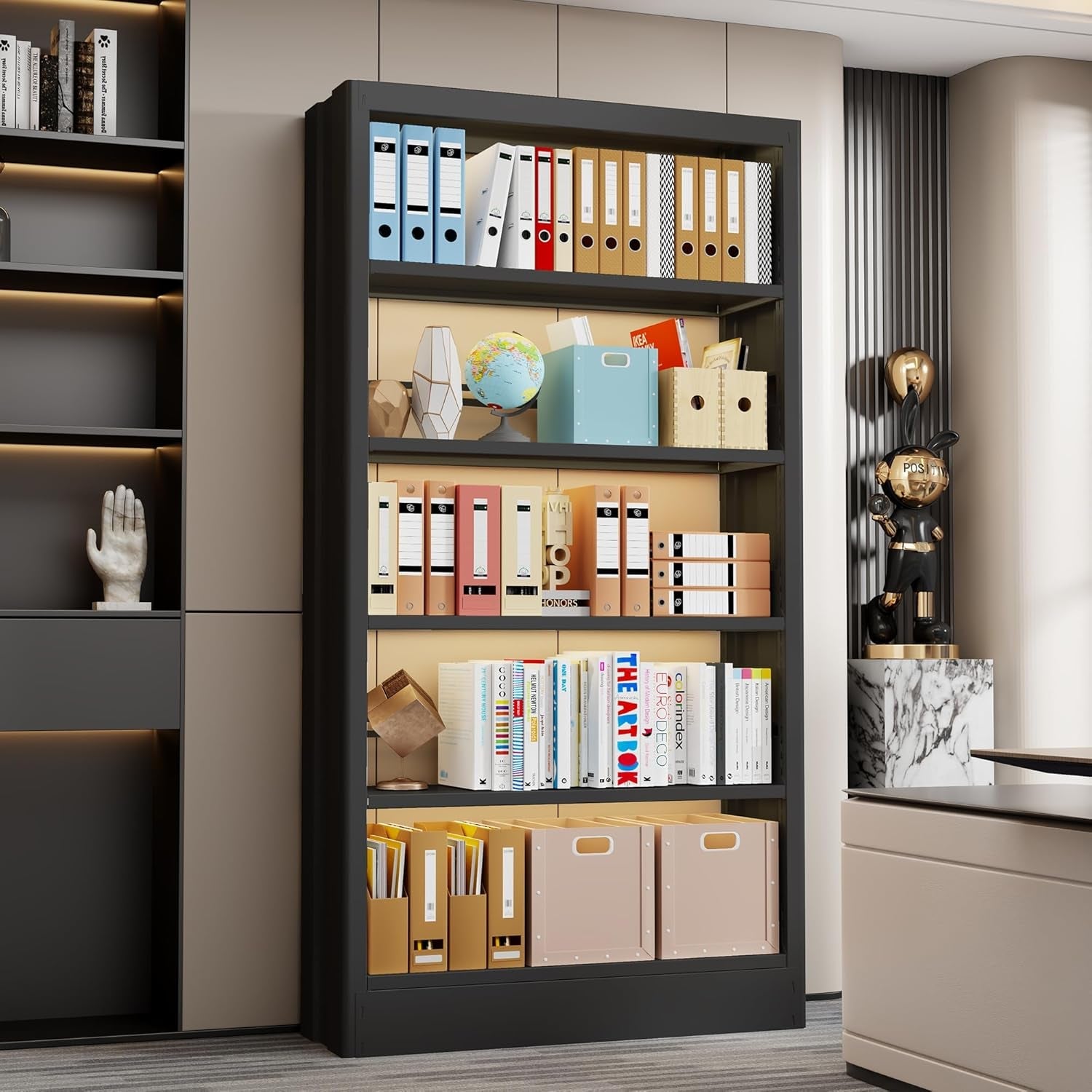 Black bookshelf with books, folders, and decorative items in a modern office setting.