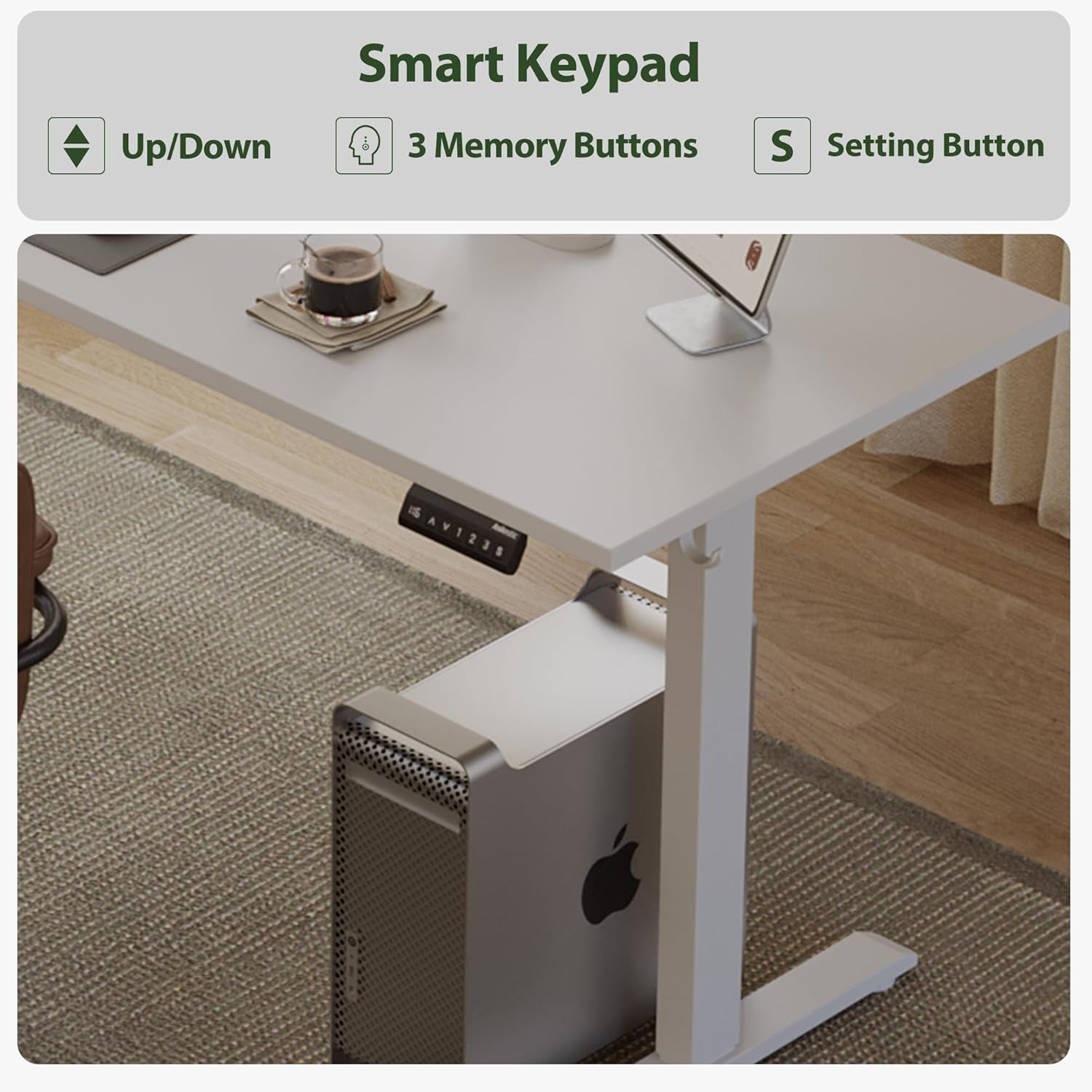 Smart keypad control panel on a desk with a computer monitor and cup of coffee.