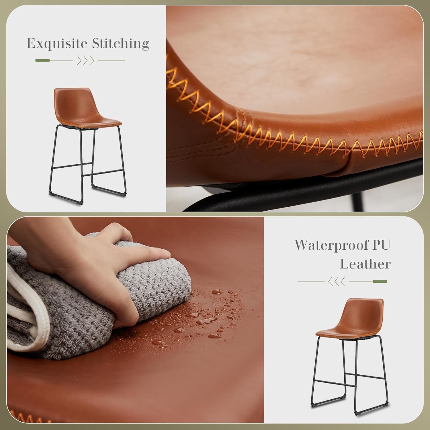 Collage of brown leather stool with stitching detail, waterproof feature demonstration, and stool in use.