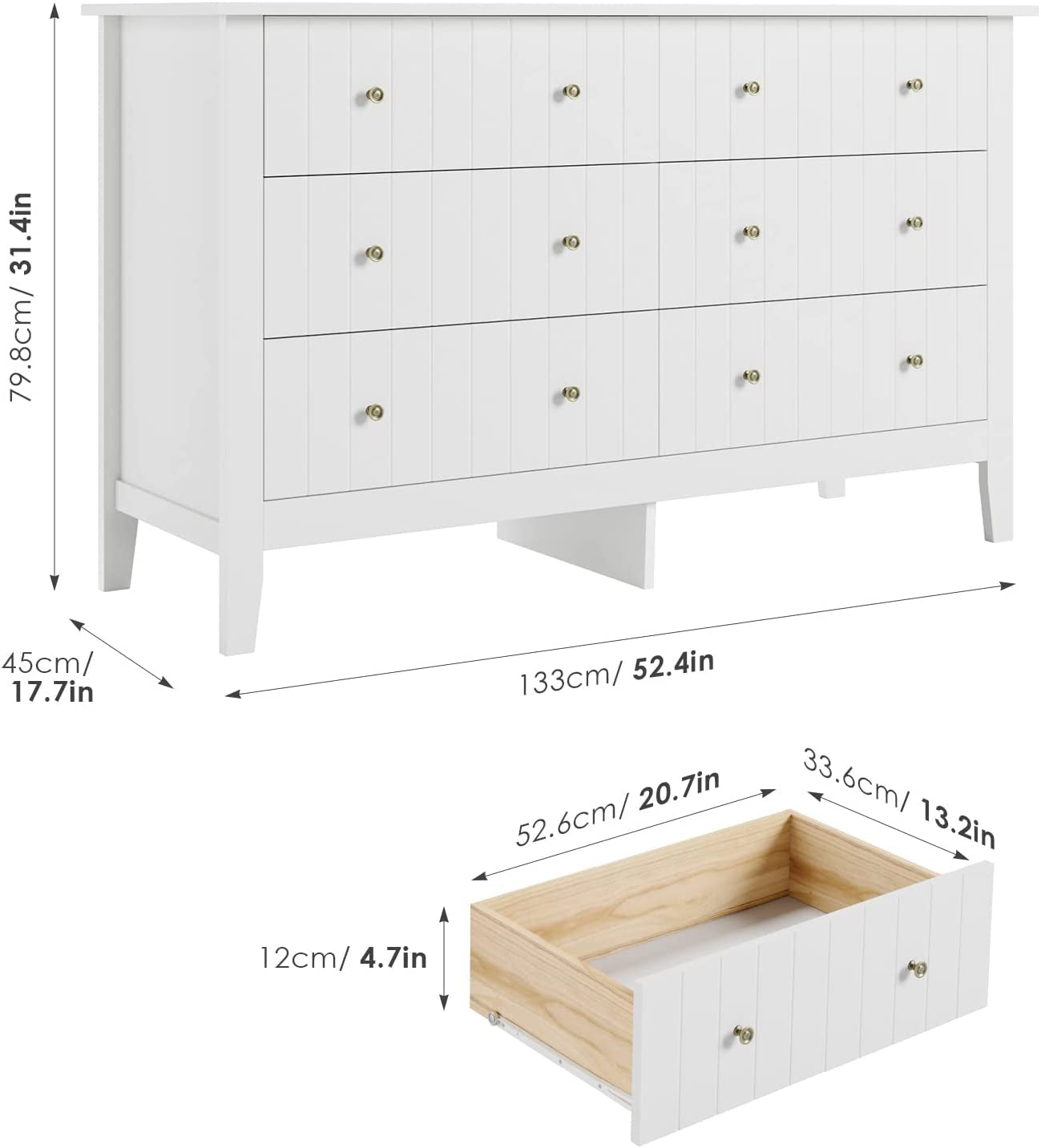 Modern White 52.4 Inch Wide 6 Drawer Dresser Chest Storage