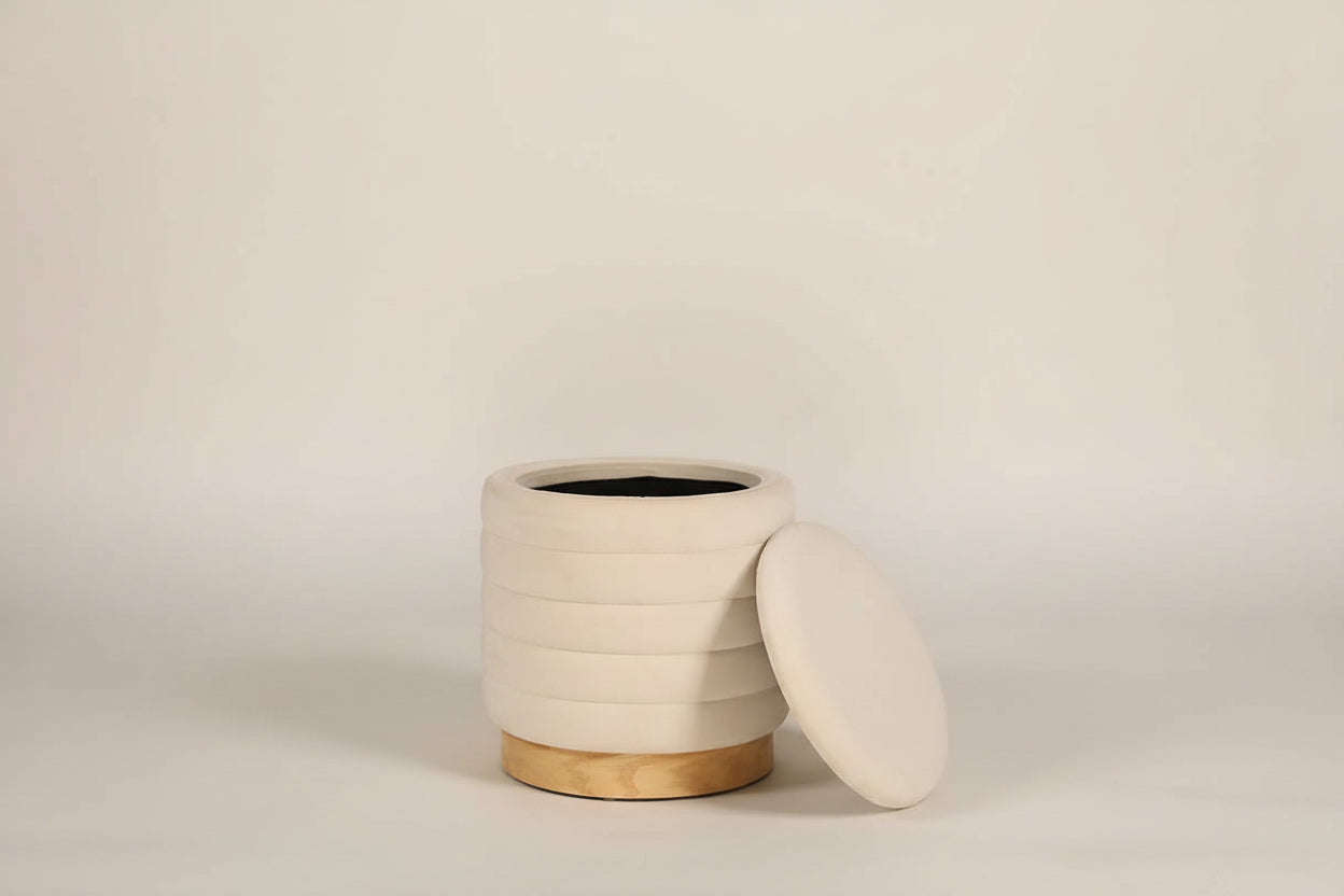 White ottoman with a lid in a room with a plant and wall decor.