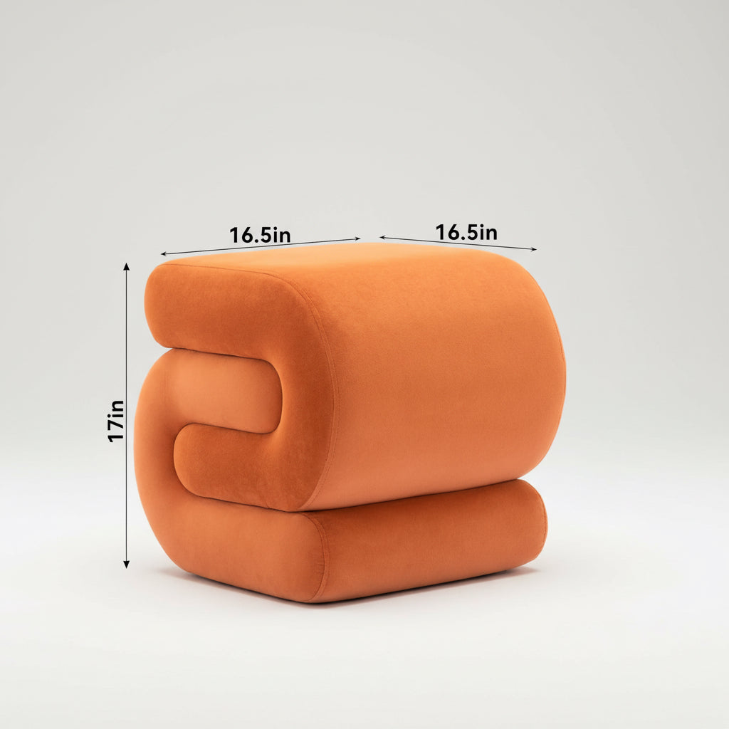 Orange S-shaped footstool with dimensions labeled on a white background