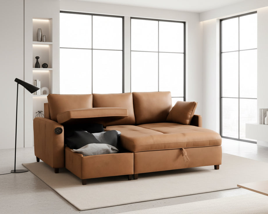 Brown Leather Sleeper Sofa Bed With Storage-0