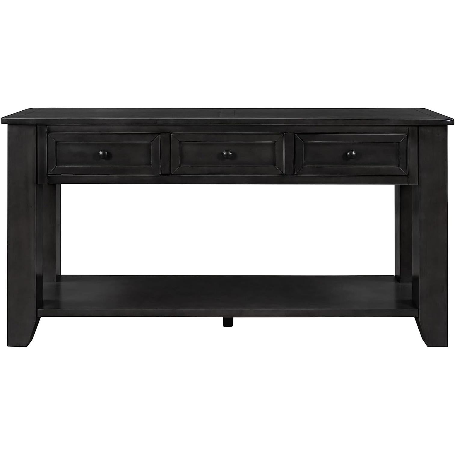 Black wooden console table with three drawers on a white background