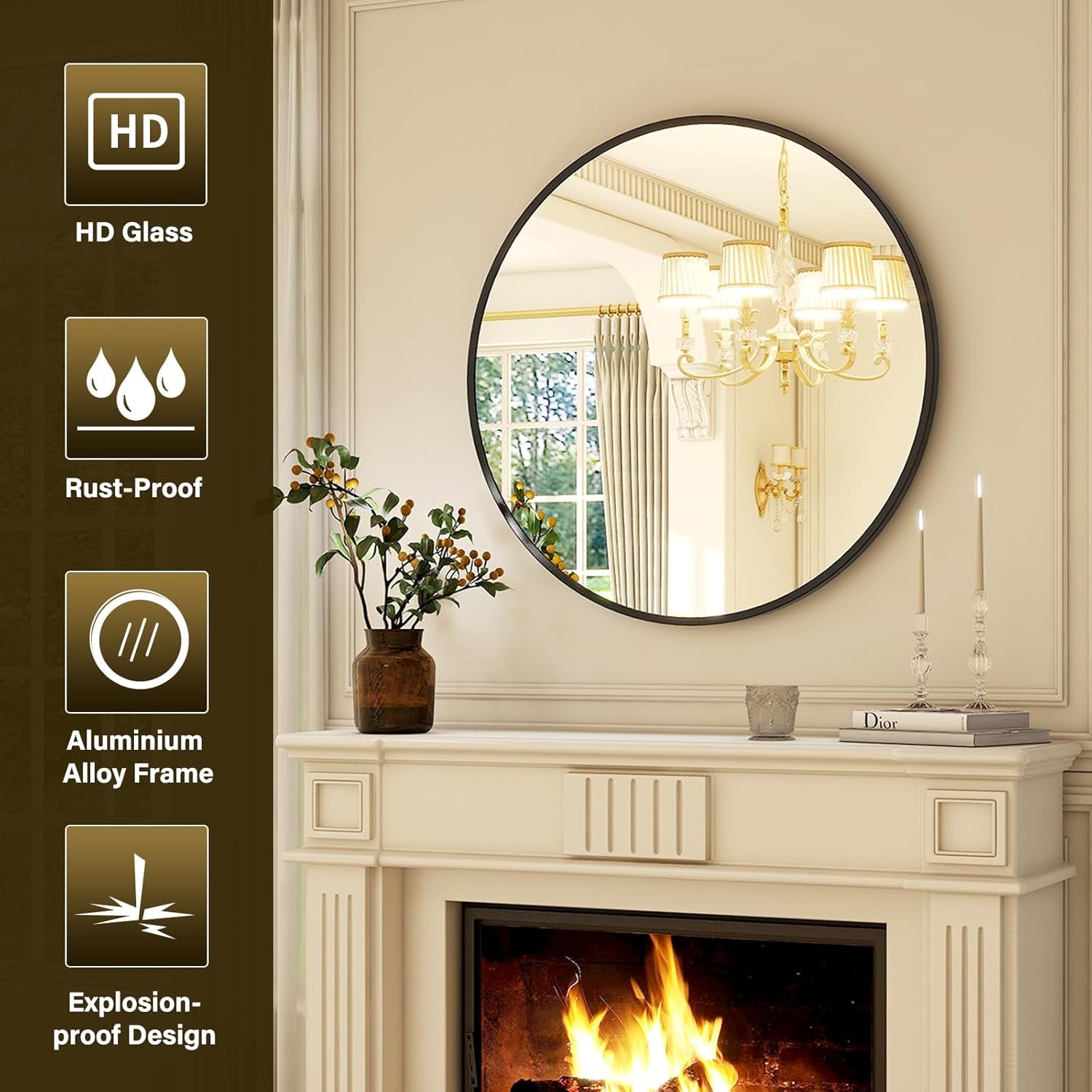 Round mirror on a wall above a fireplace with decorative elements.