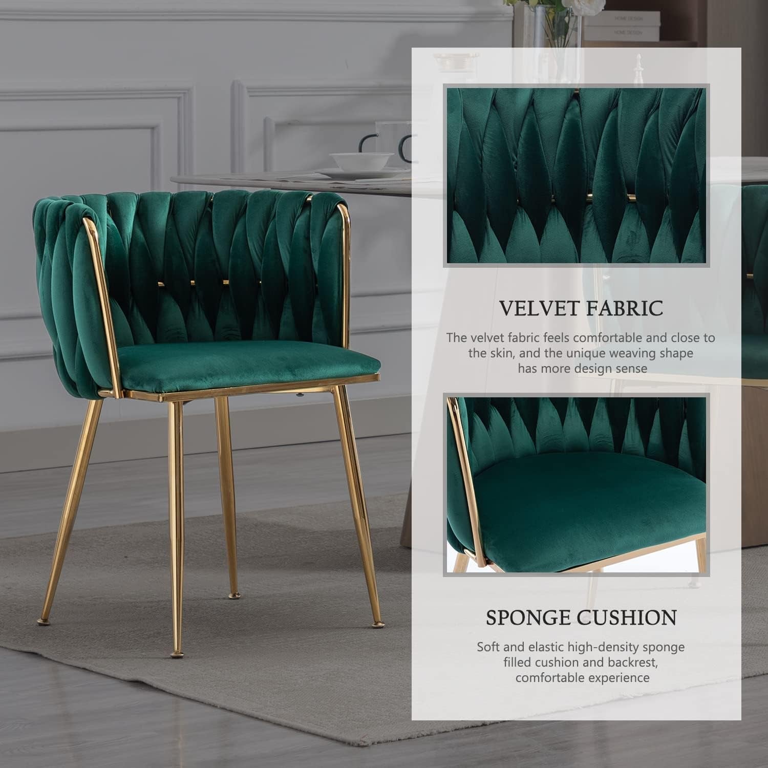 Green velvet chair with gold legs in a room setting, featuring text about velvet fabric and sponge cushion.