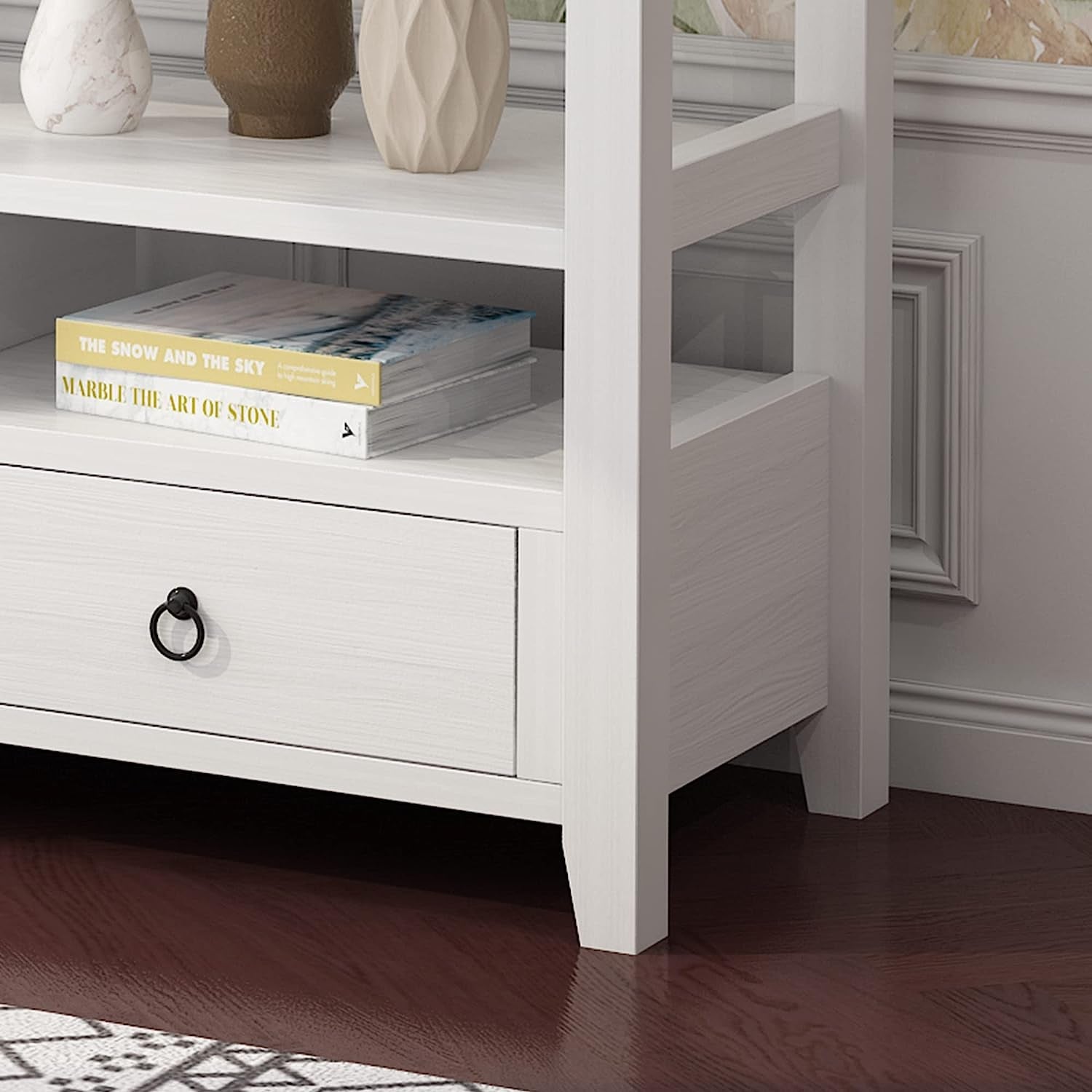 Vintage White Console Table With Storage Drawers And Shelves