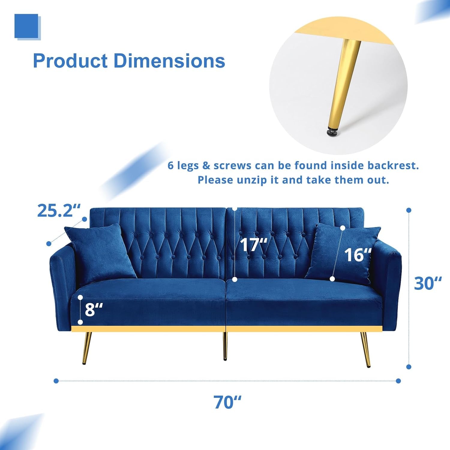 Blue sofa with dimensions labeled on a white background