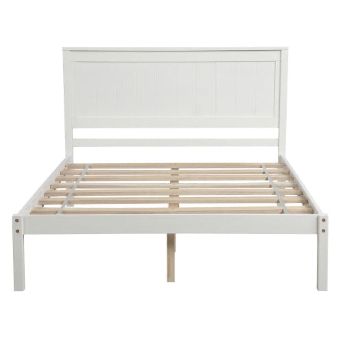 White bed frame with wooden slats on a white background