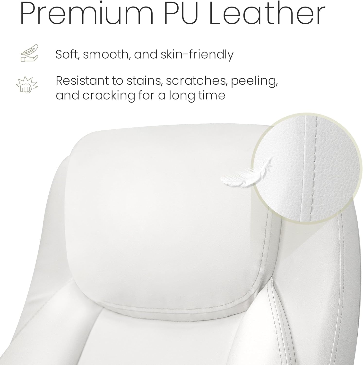 White leather seat with text about premium PU leather properties on a white background