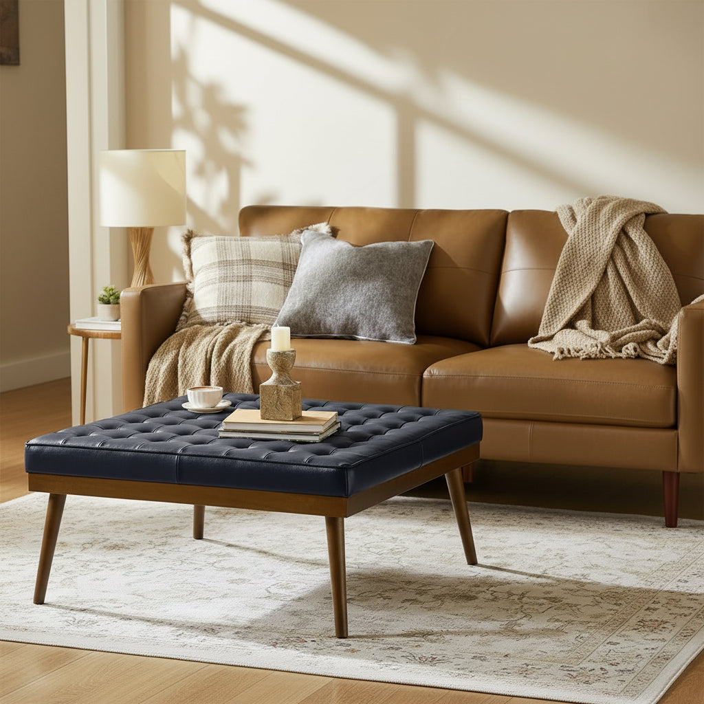 Brown leather sofa with tufted ottoman and decorative pillows in a living room setting.
