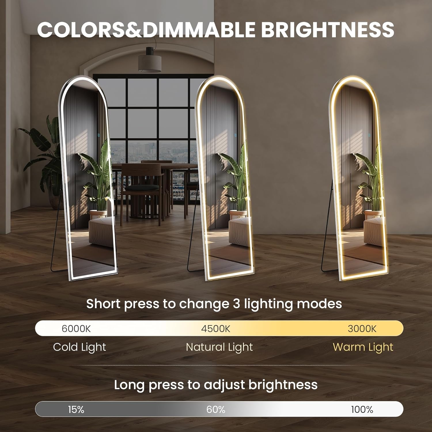 Three standing mirrors with LED lighting options in a room setting.