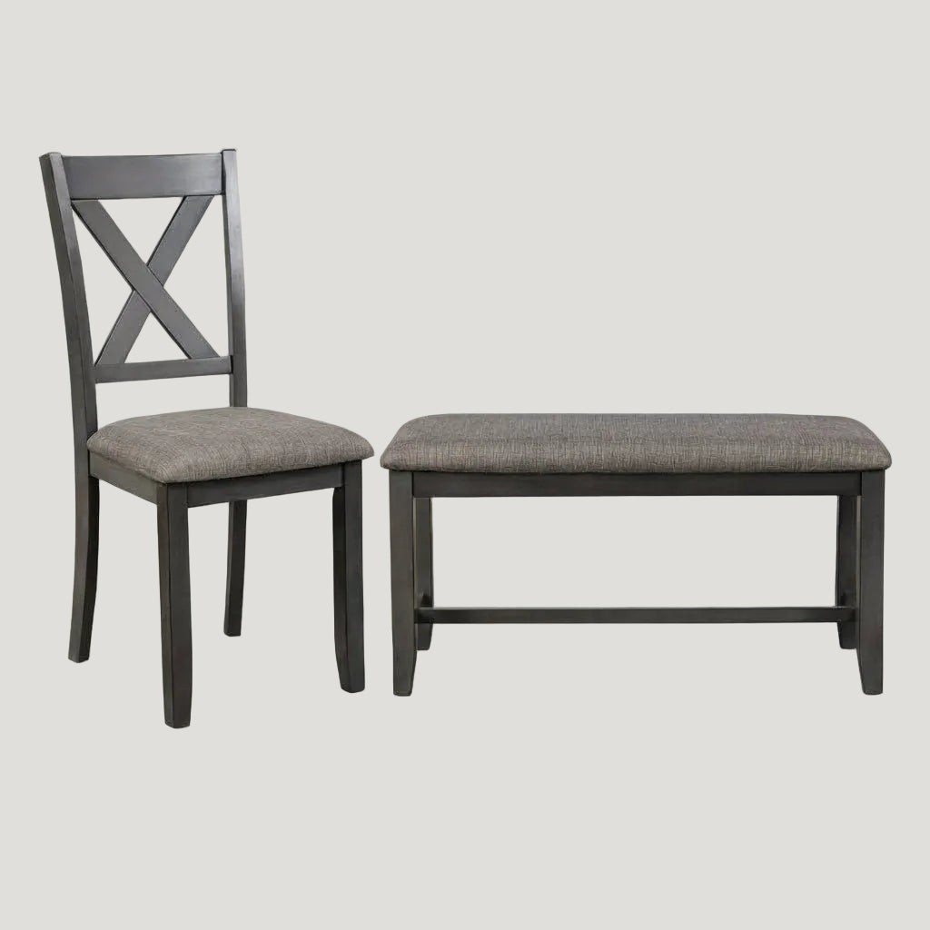Dining chair and bench set with gray cushioned seats and burlap cushions, featuring cone-shaped legs.