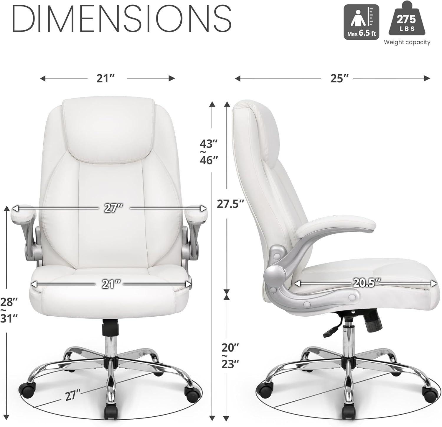 White office chair with dimensions labeled on a white background