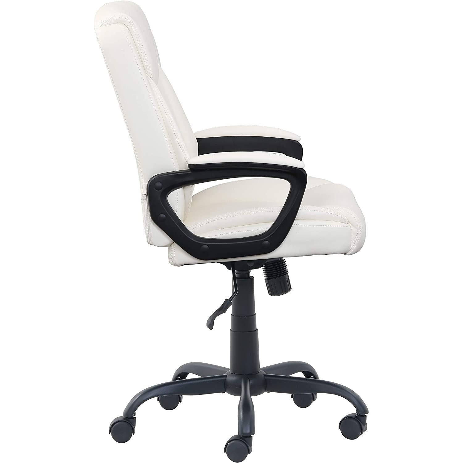 White office chair with black armrests and wheels on a white background