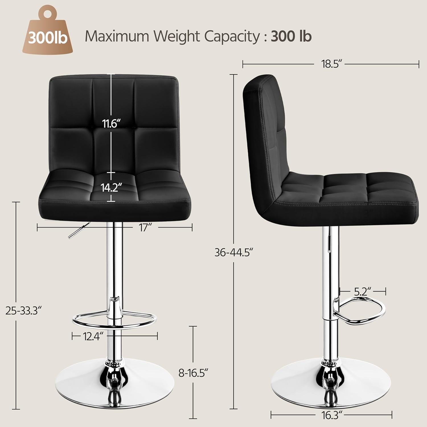 Black bar stool with measurements and weight capacity on a beige background