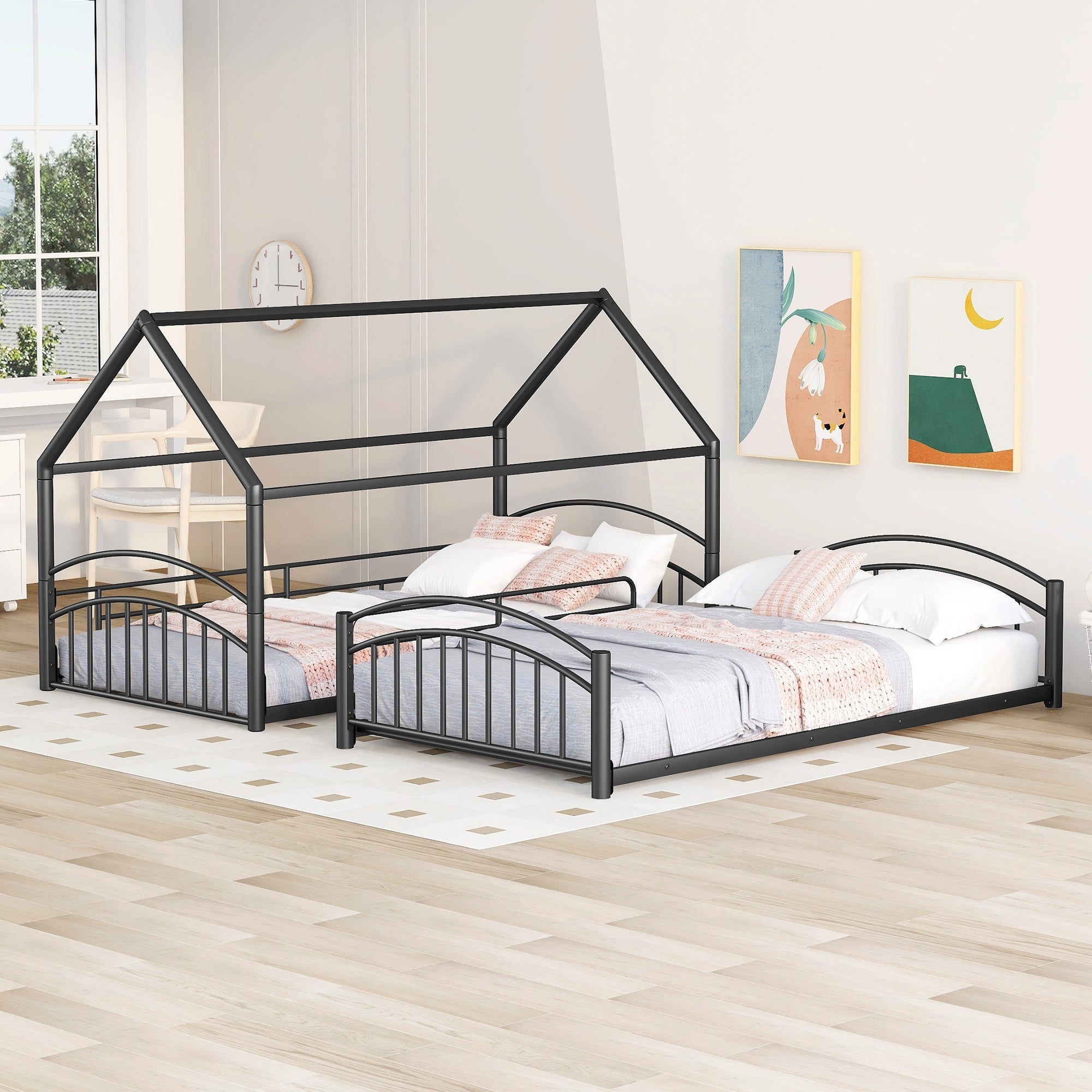 Twin Over Twin Metal Bunk Bed With Slide, Kids House Bed