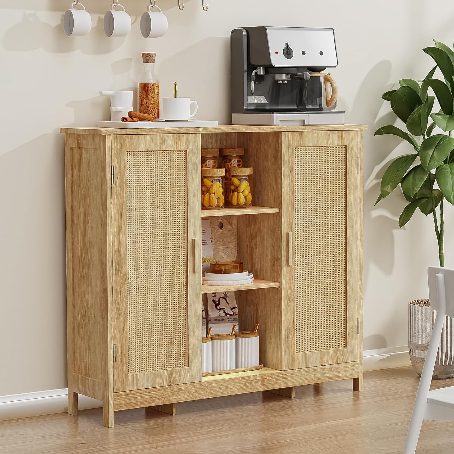 Rattan Storage Cabinet With 4 Adjustable Shelves Natural