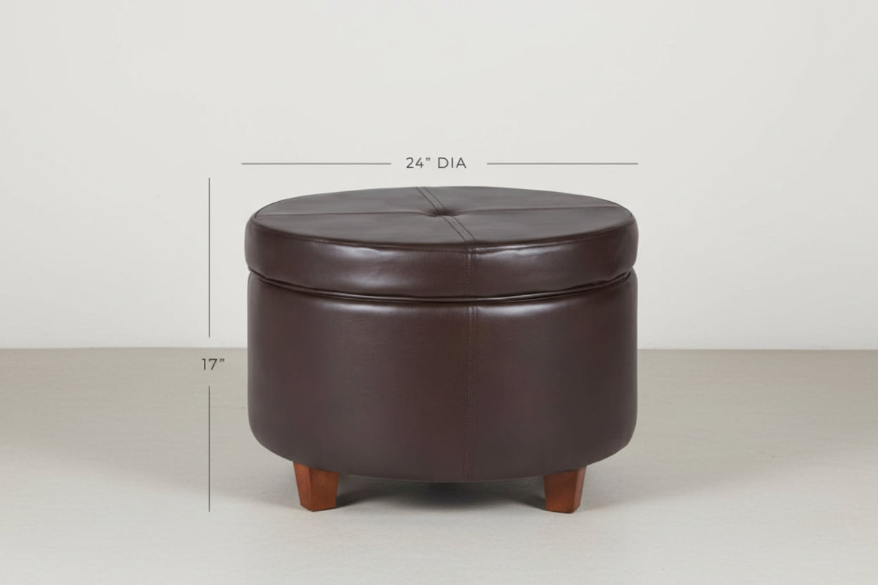 Brown leather ottoman with dimensions on a white background