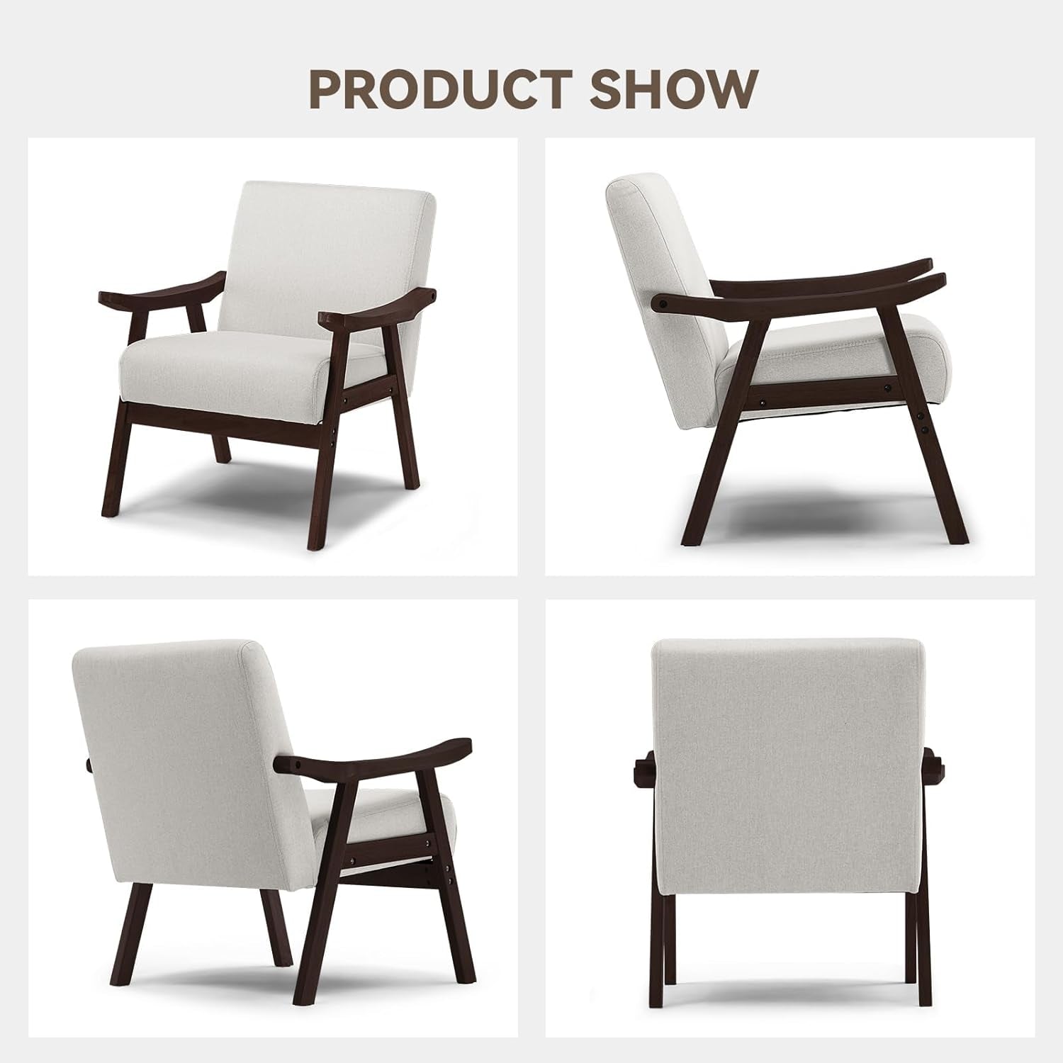 Chair with white cushion and dark wooden frame shown from multiple angles on a white background.