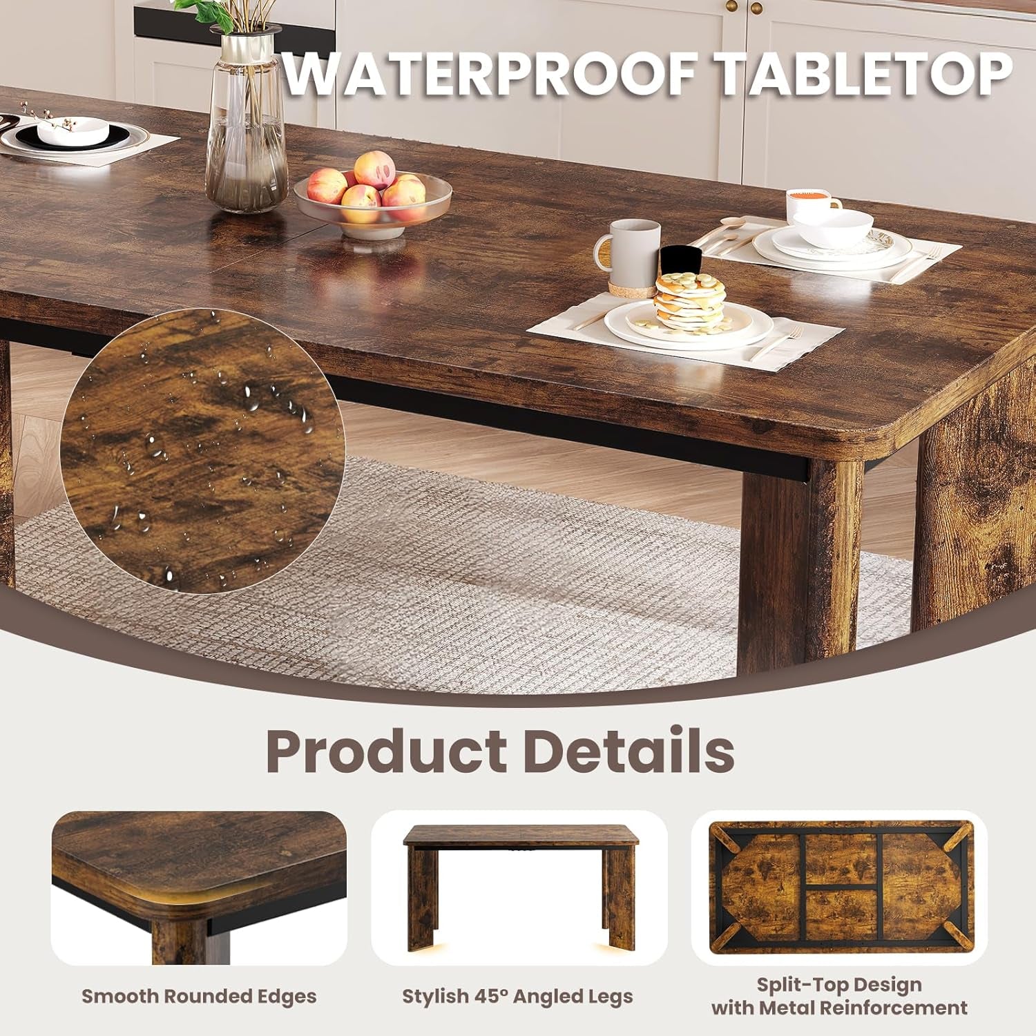 Wooden dining table with waterproof tabletop feature, product details included.