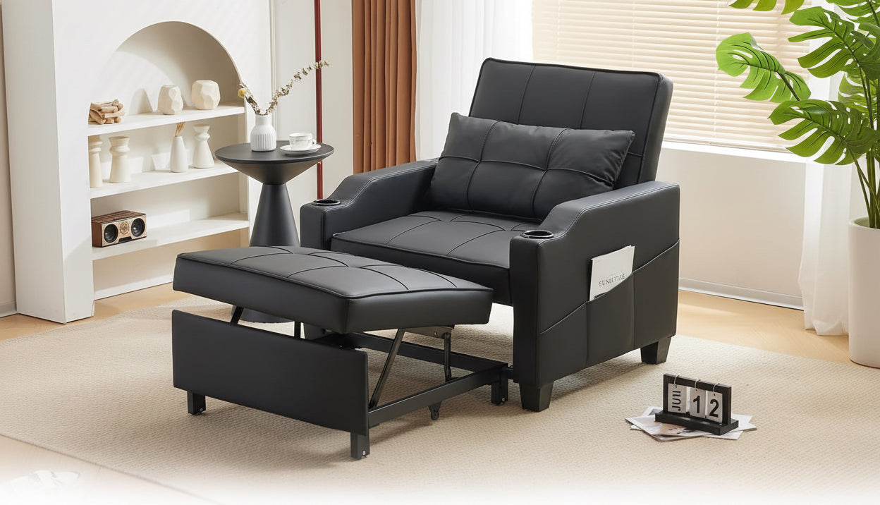 Black recliner chair being transformed into a bed in a living room setting.