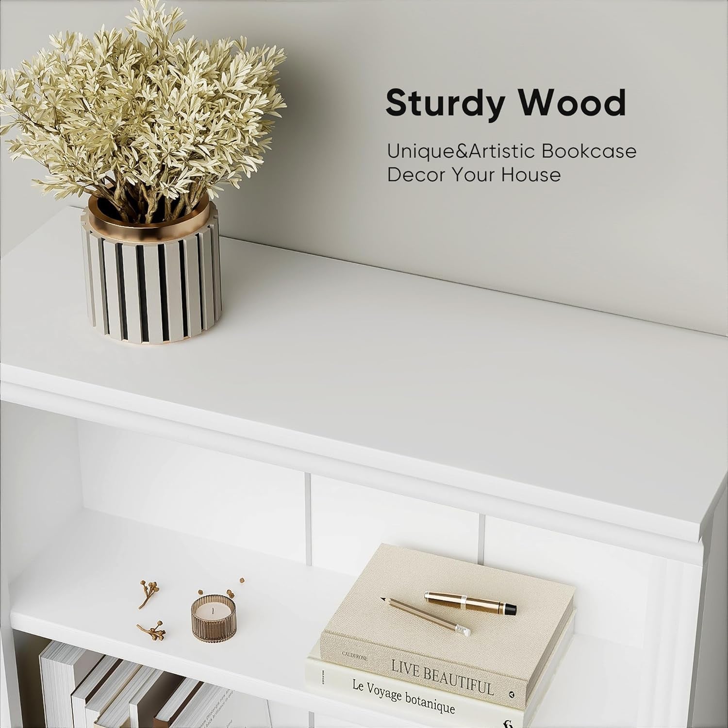 White bookshelf with decorative items including a potted plant and books, with 'Sturdy Wood' branding.