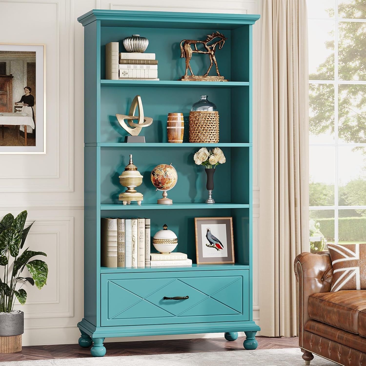Turquoise bookshelf with decorative items in a living room setting