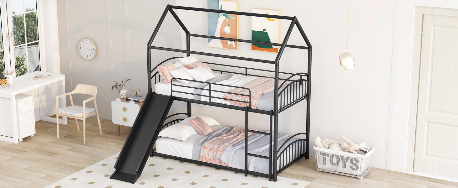 Twin Over Twin Metal Bunk Bed With Slide, Kids House Bed