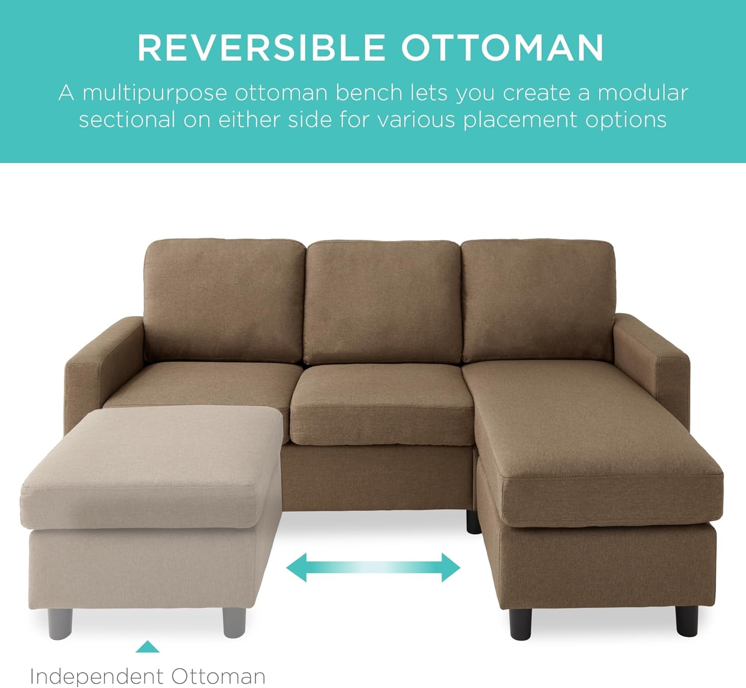 Brown L Shape Sectional Sofa With Reversible Ottoman-3