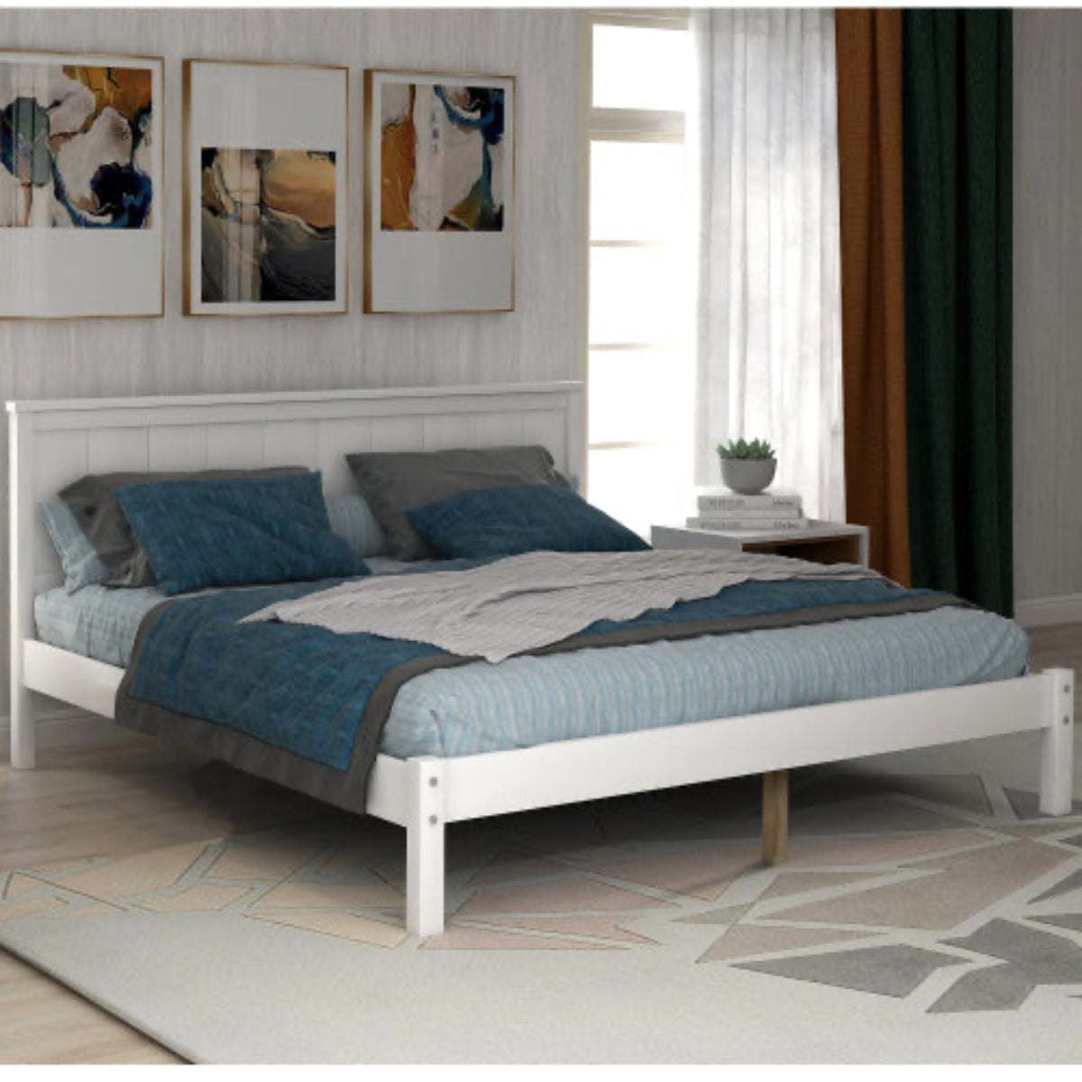 Bedroom with a white bed frame, blue bedding, and abstract art on the wall.
