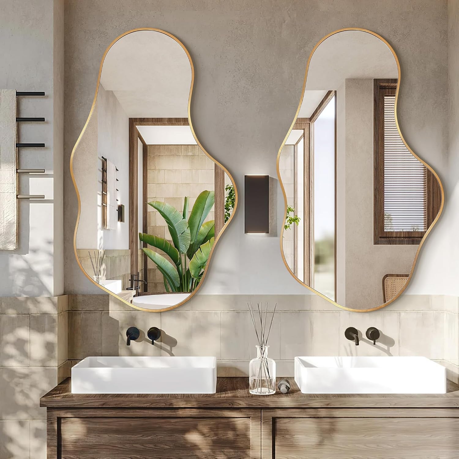 Bathroom vanity with two sinks, mirrors, and decorative elements.