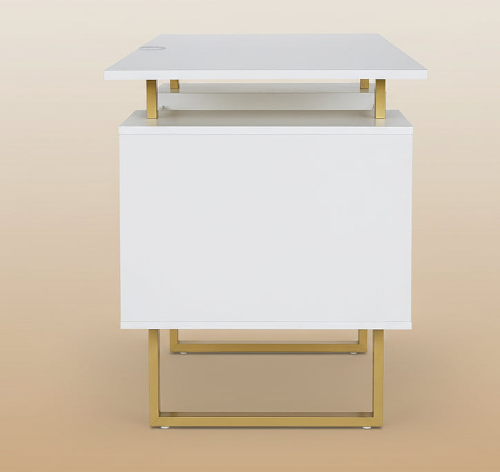 White side table with gold legs on a white background