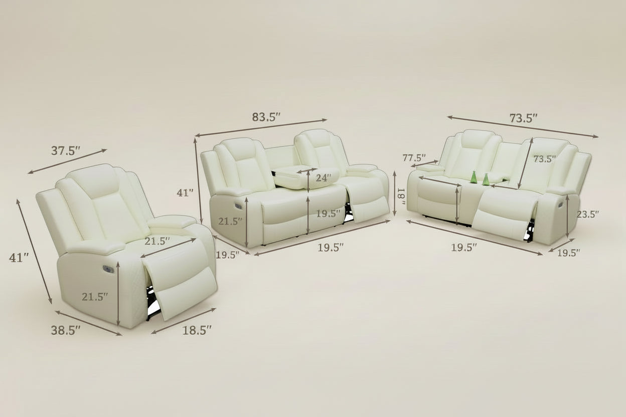 White leather recliner sofa set in a living room with product dimensions displayed.