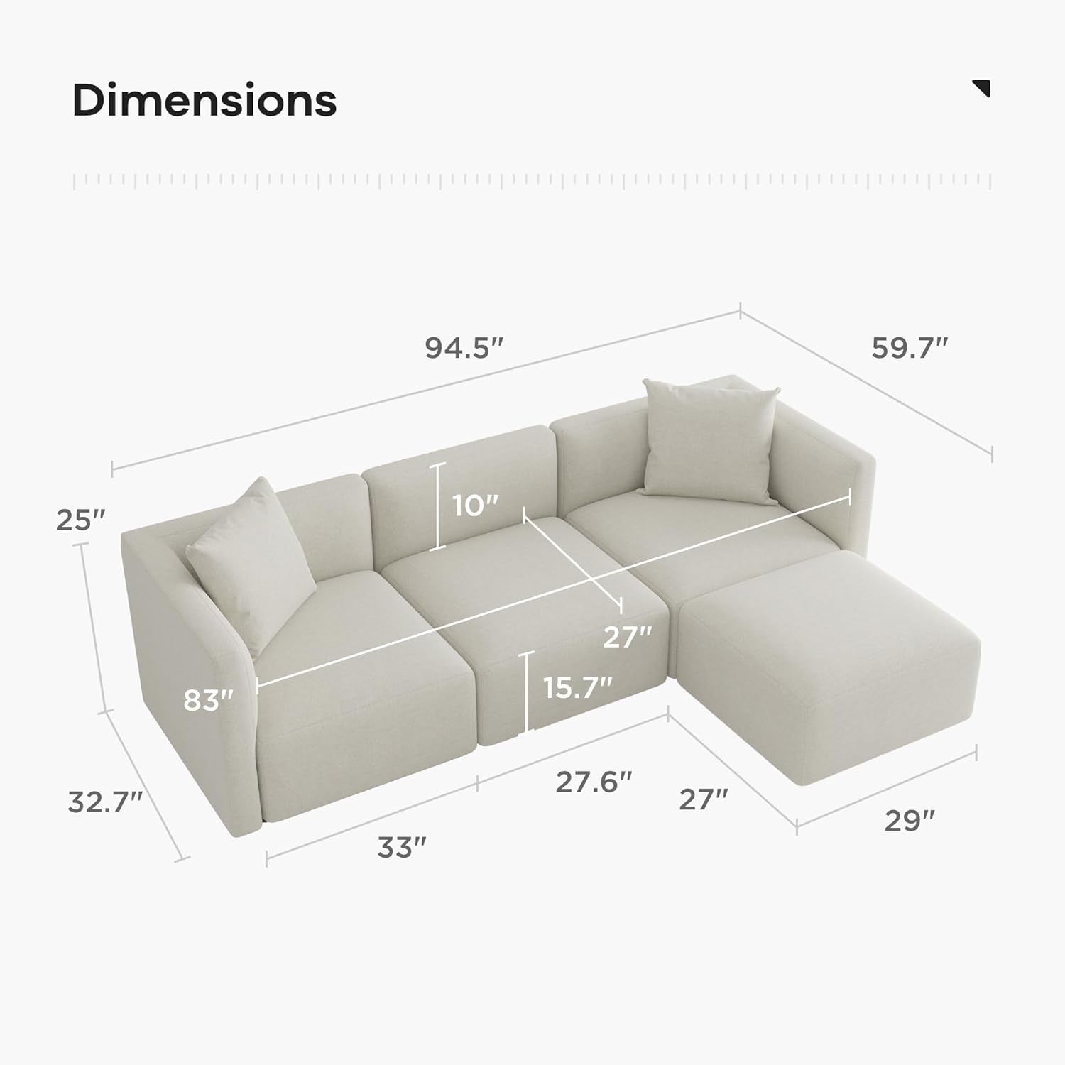 L Shaped Convertible Modular Sectional Sofa Cream Chaise-1