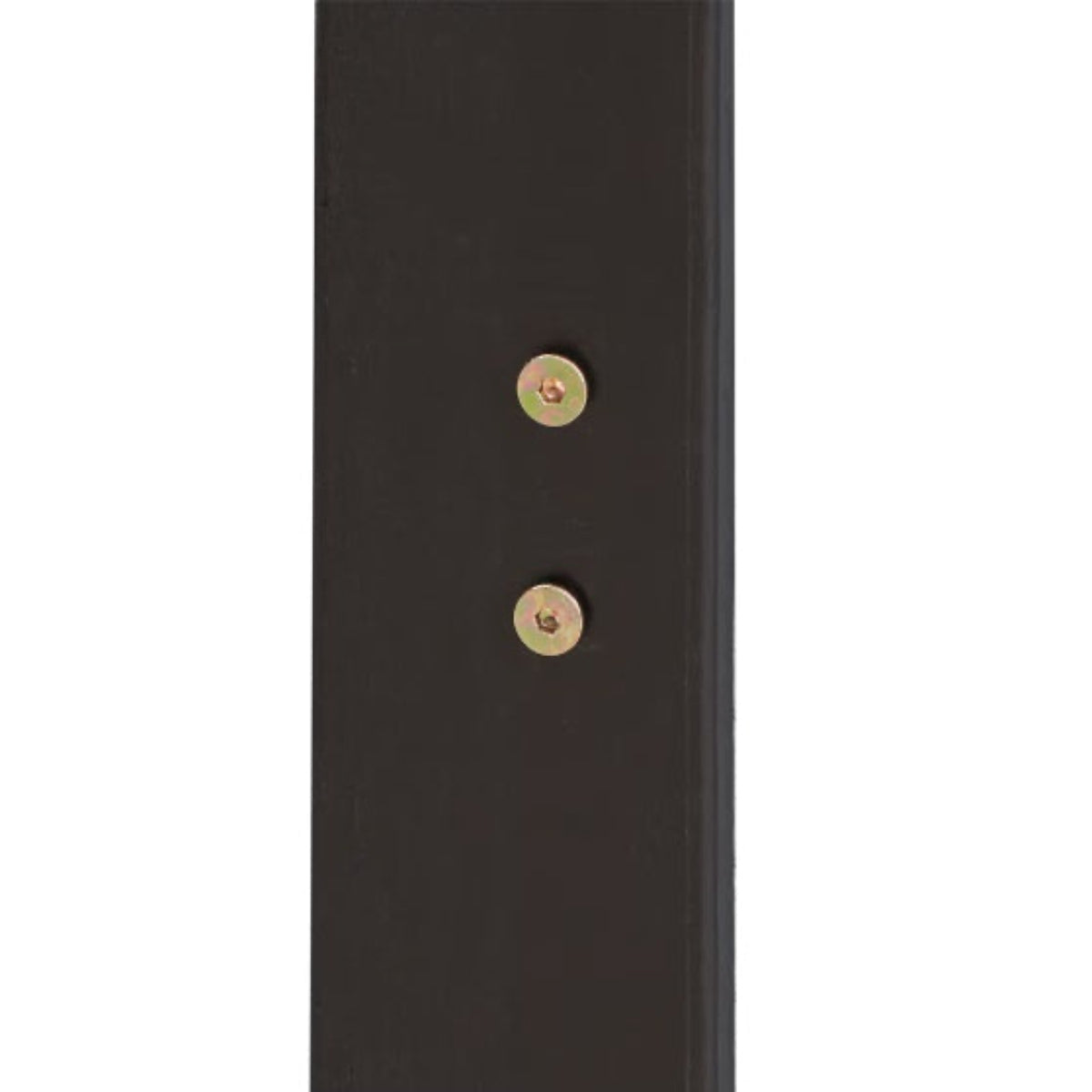 Close-up of a black surface with two gold screws on a white background