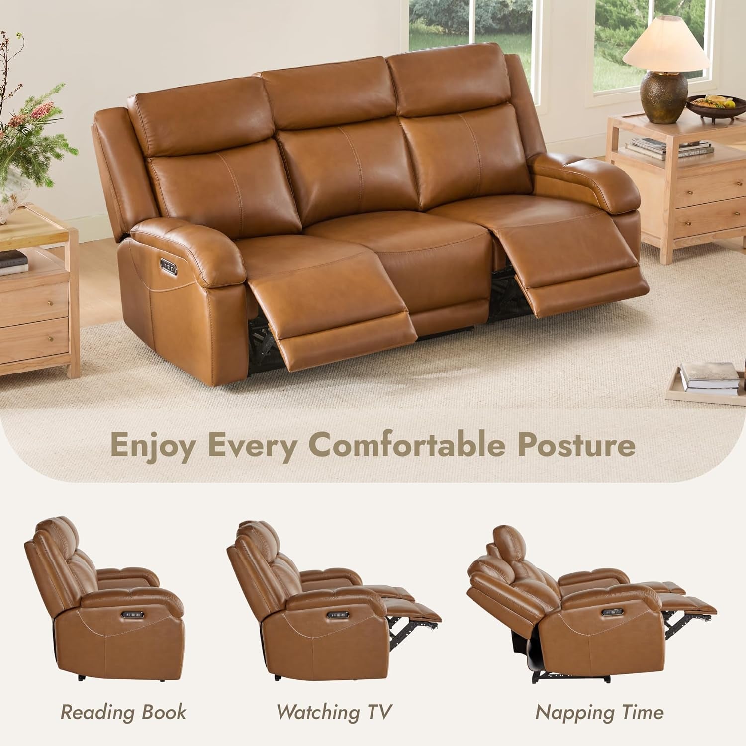 Brown leather recliner sofa in a living room setting with text 'Enjoy Every Comfortable Posture'.