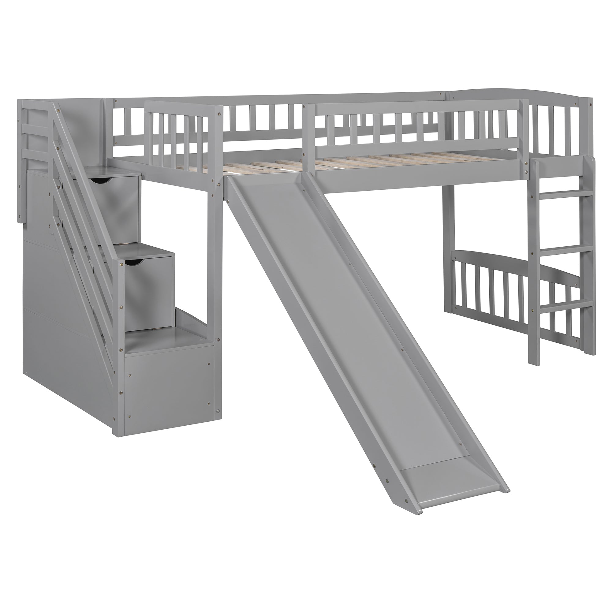 Stairway Twin Size Loft Bed with Two Drawers and Slide