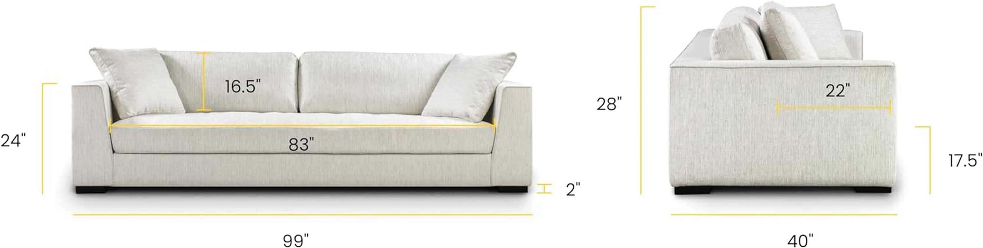 Measurement chart of a light gray sofa with dimensions labeled.