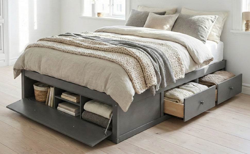Platform Bed Frame with 4 Storage Drawers and Hydraulic Lift Footboard