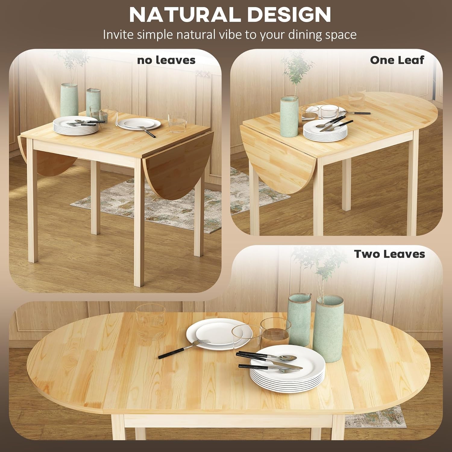Wooden dining table with extendable leaves shown in different configurations.
